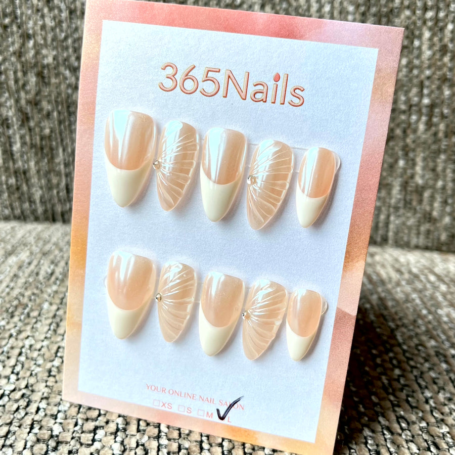 365nails: "Gossamer Whisper" – 3D Shell & French Tip Handmade Press on Nails Medium Almond Nails