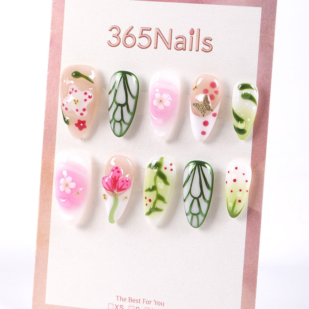 365Nails Matcha-Pink Sakura with Green Vines French Press-On Nails