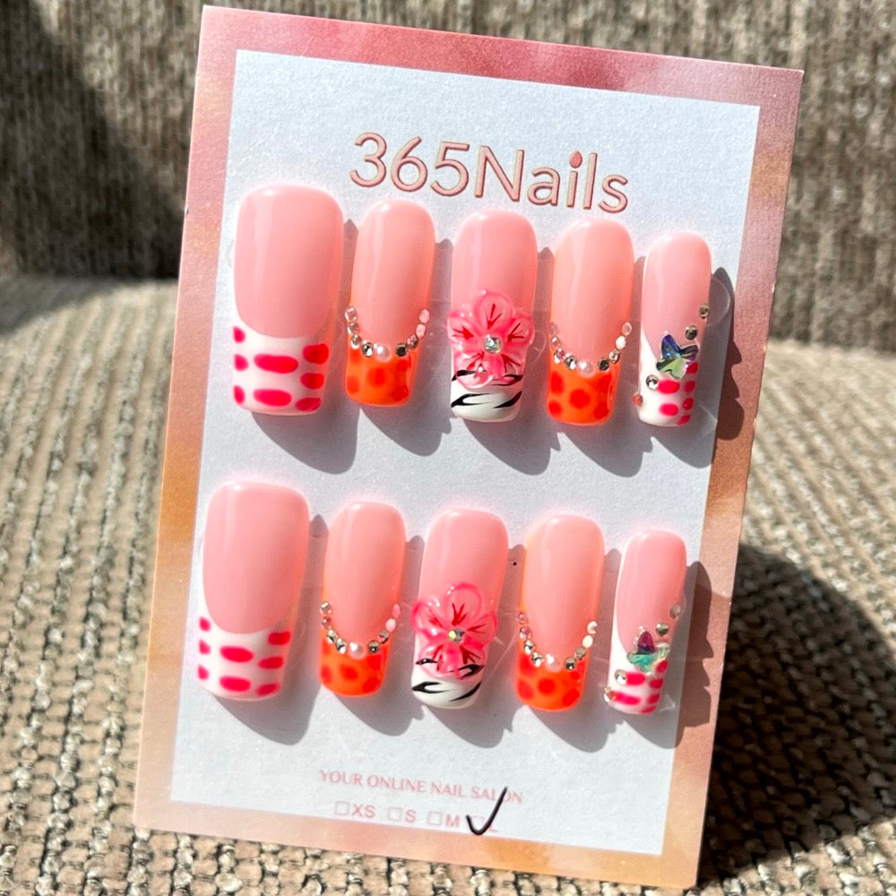 365nails: "Summer Splash" – 3D Floral & Checkered Handmade Square Nails