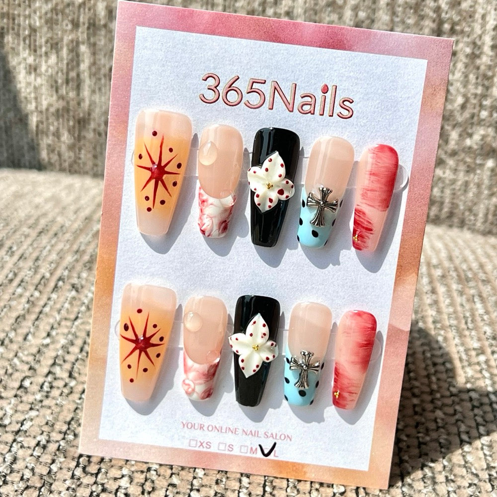 365nails: "Nude Black Cross Flower Mix" – Handmade Medium Coffin Press-On Nails