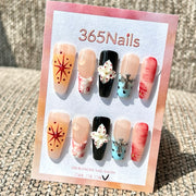 365nails: "Nude Black Cross Flower Mix" – Handmade Medium Coffin Press-On Nails