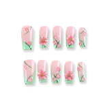 Pink and Green Floral Press-On Nails with 3D Blossom Design