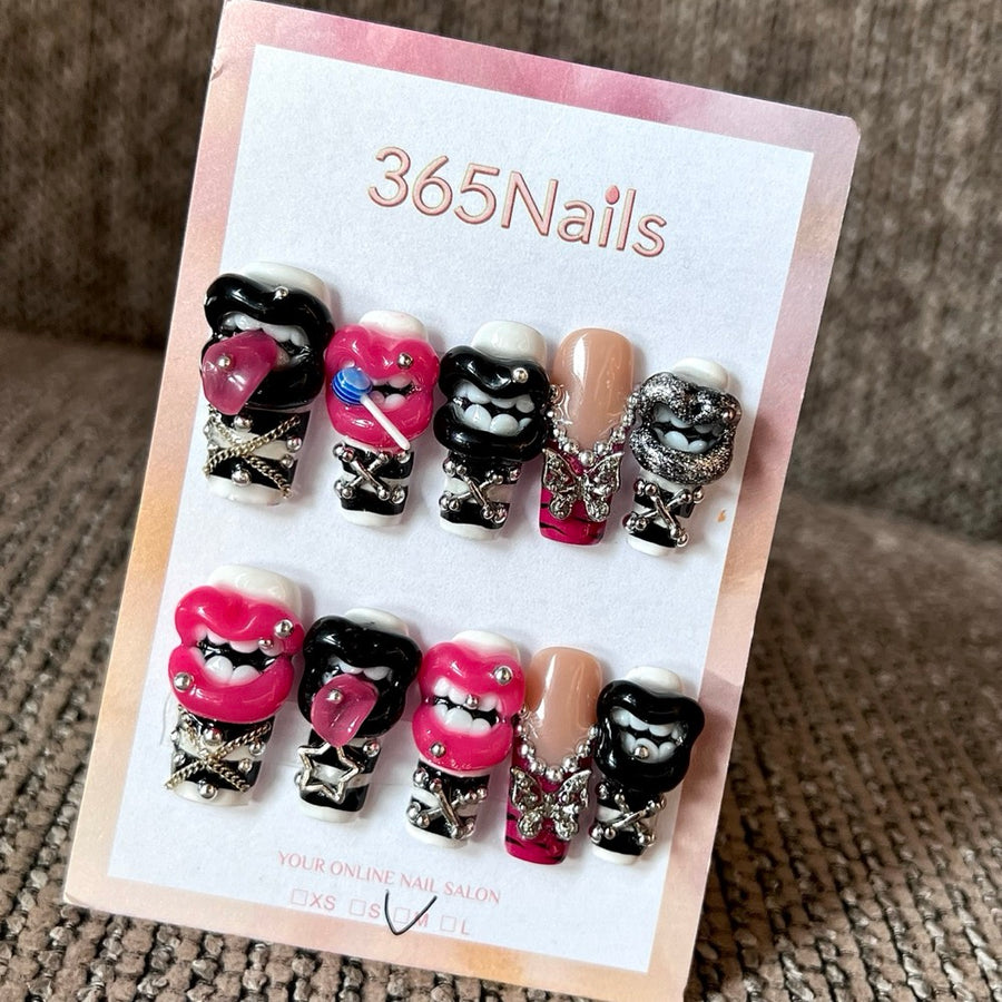 Gothic Kiss - Pink Black 3D Lip Press-On Nails