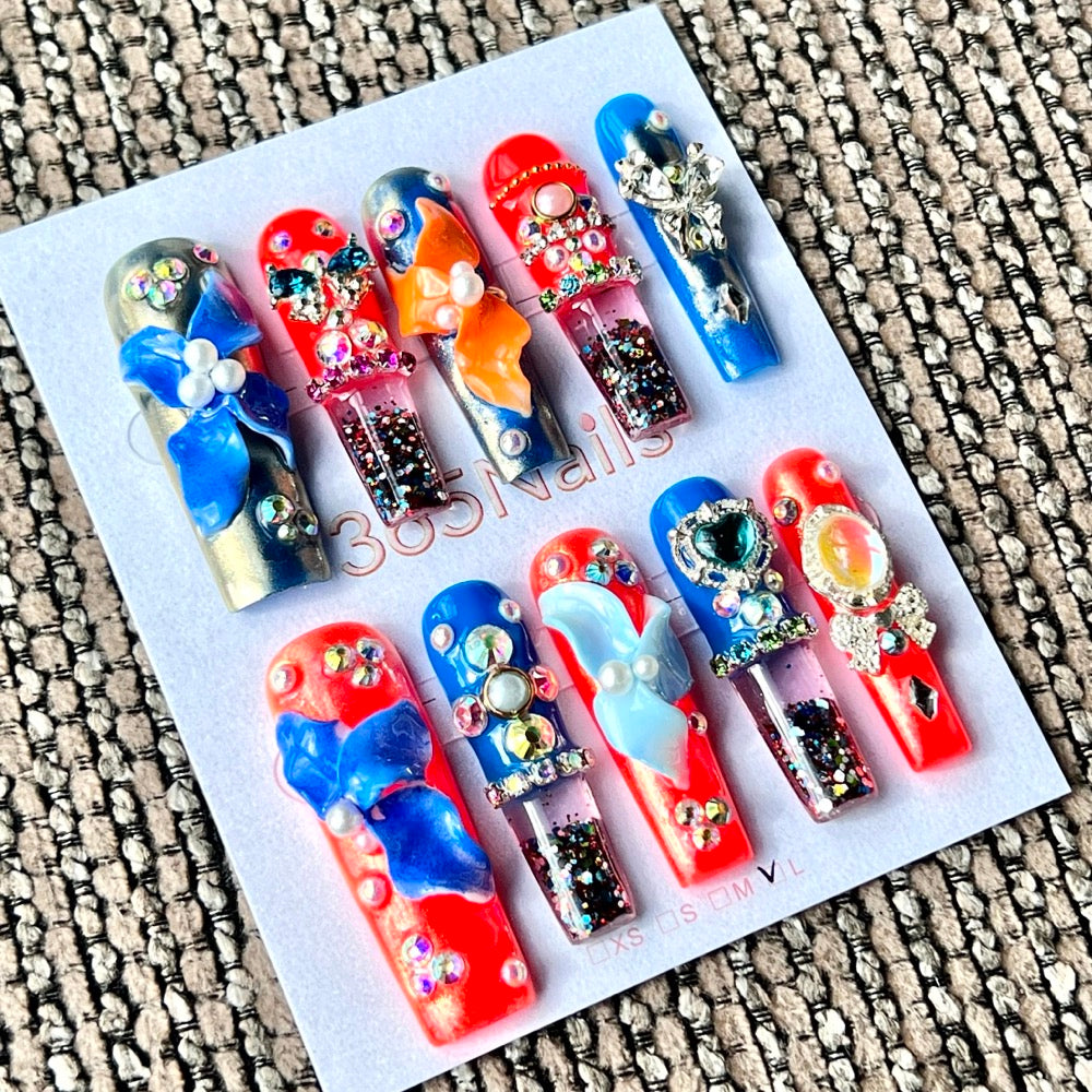 365nails: "Tropical Sunset Bloom" – Handmade Liquid Motion Press-On Medium Square Nails-4.5cm