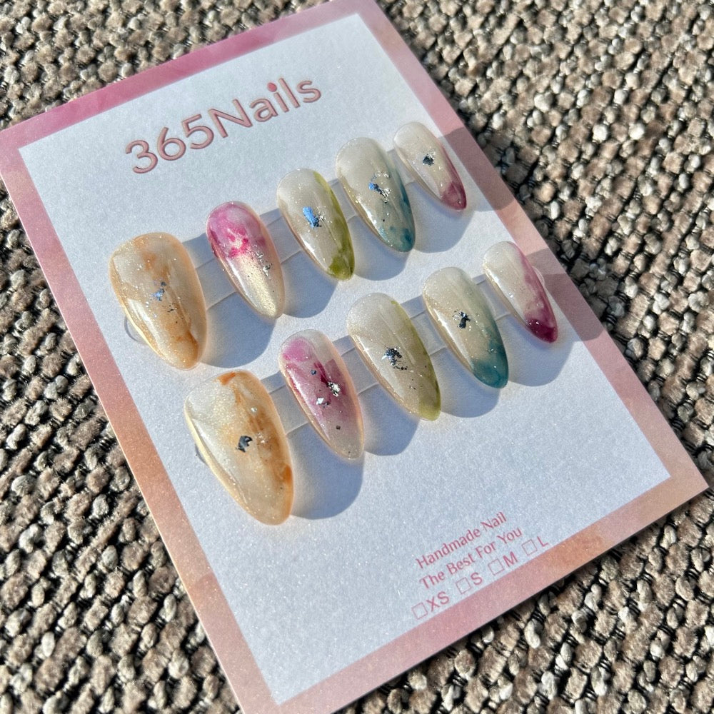 Cloud Dream Garden & Watercolor Poem Icy Multi-Color Smudge & Silver Foil Nails ｜ Handmade Smudge Series(moq=30)
