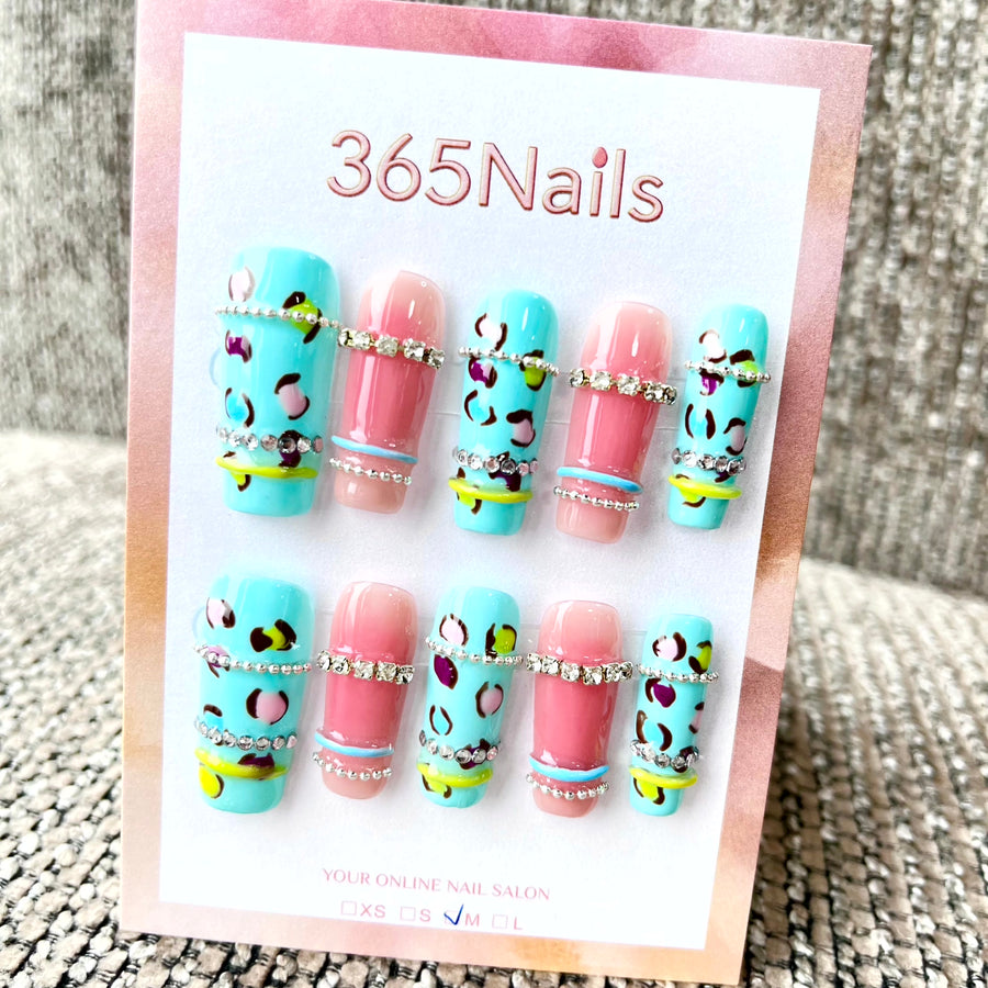 Y2K Candy Leopard: "Mint Pink Leopard Chain" – Long Coffin Press-on Nails