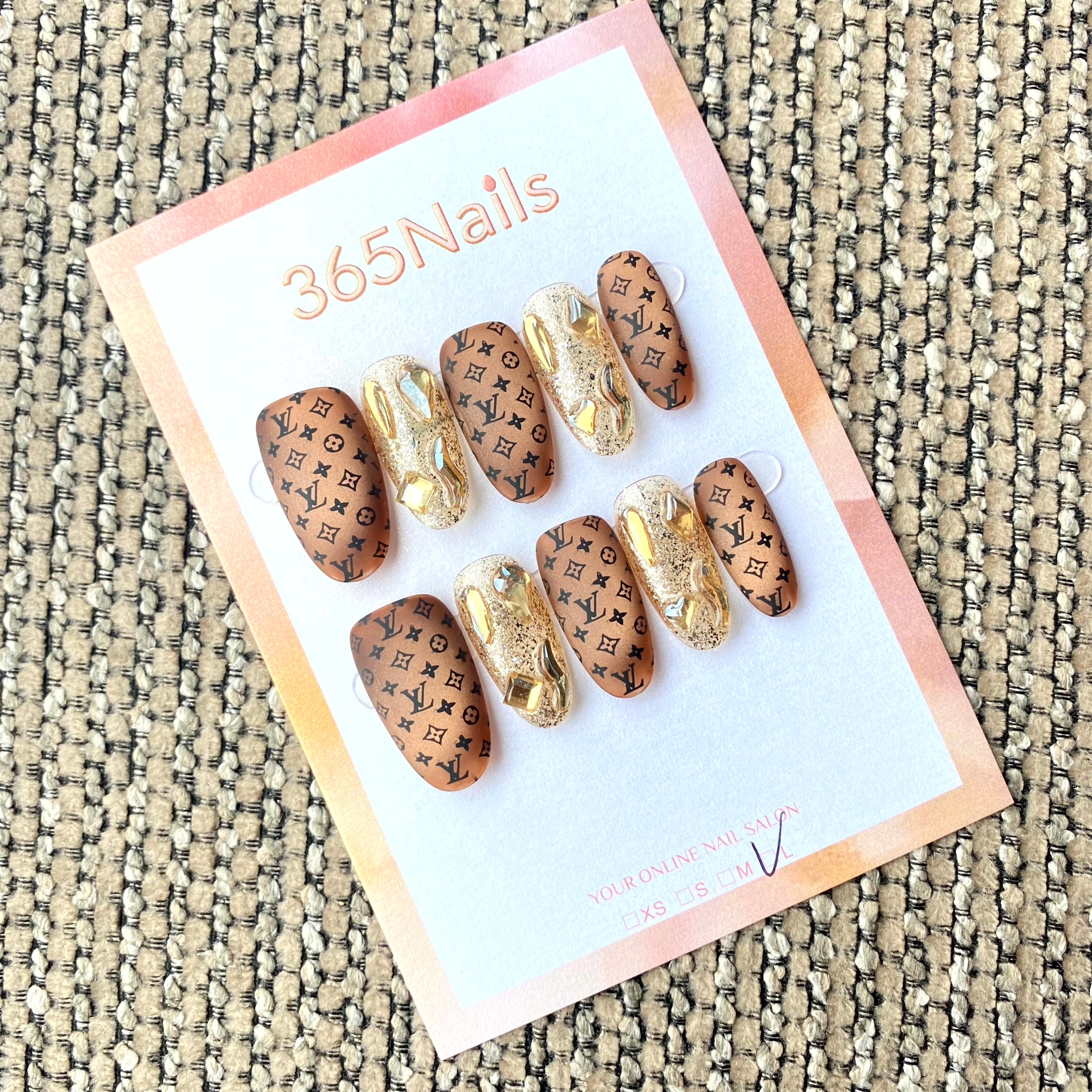 Luxury Logo 365nails: "Matte Brown Monogram" – 3D Gold Chrome & Glitter Handmade Oval Nails