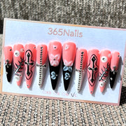365nails: "Gothic Bloom" – 3D 플로럴 & 십자가 수제 롱 스틸레토형 네일