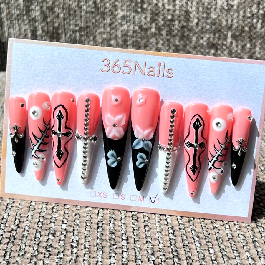365nails: "Gothic Bloom" – 3D Floral & Cross Handmade Long Stiletto Nails