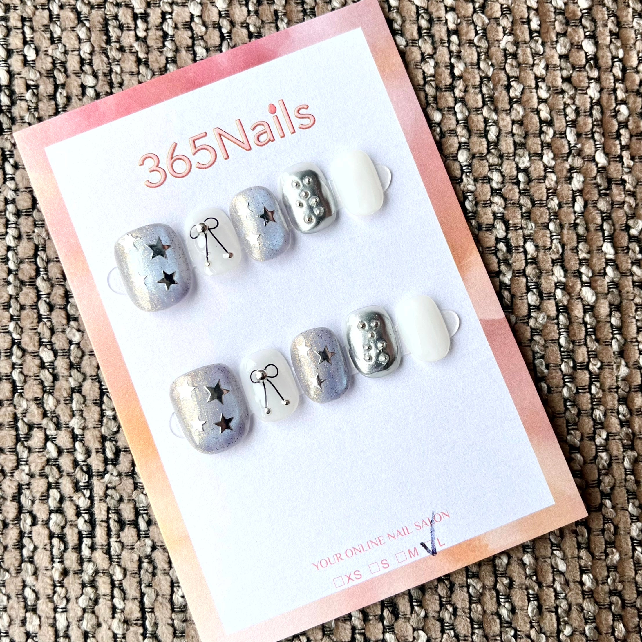 365nails: "Celestial Bows" – 3D Bow & Star Charm Handmade Short Square Nails