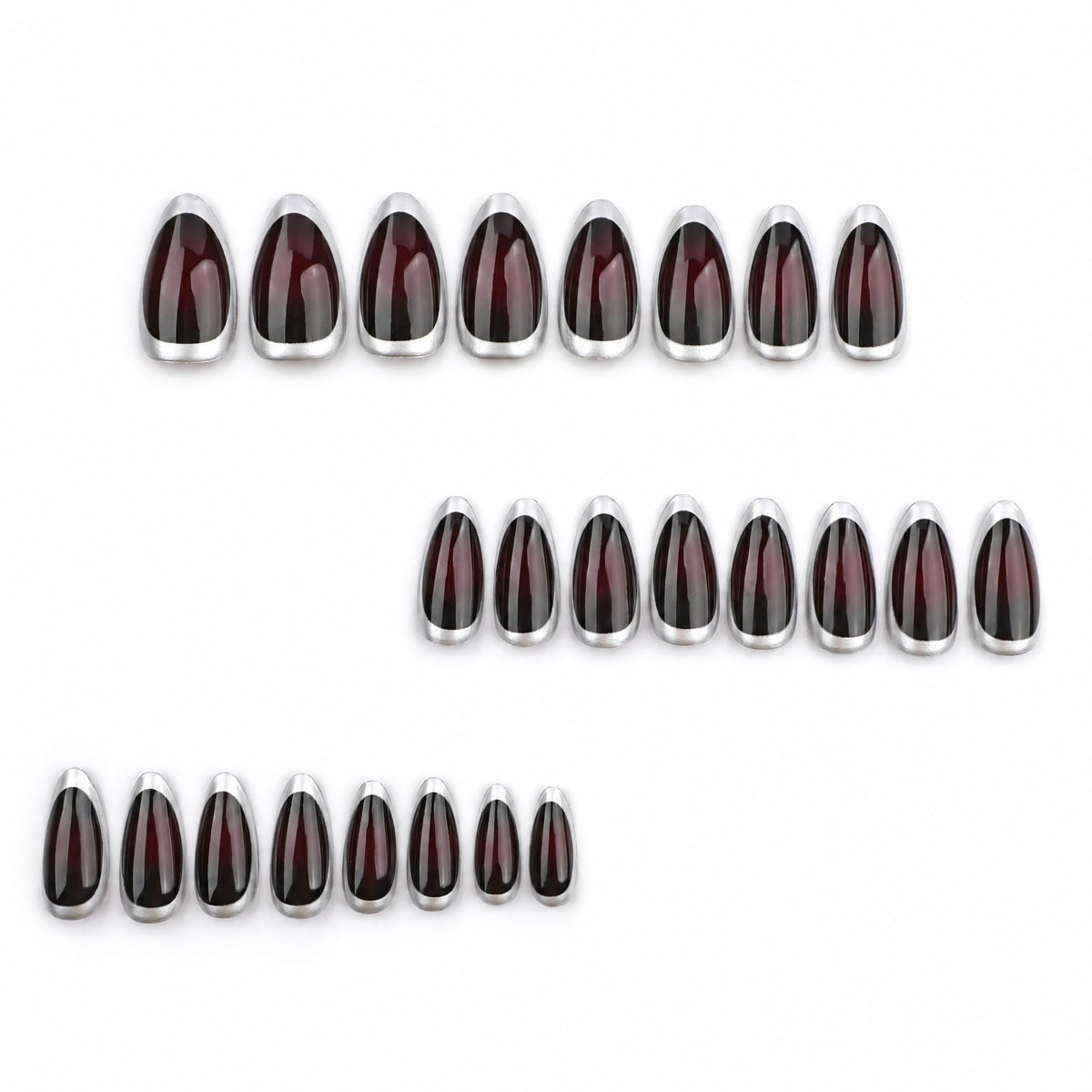 Set of dark red almond nails with silver rims arranged in three rows on white background
