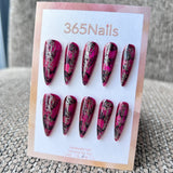 Femme Fatale: "Twilight Whisper" – Berry Pink Jelly Base with Black Butterfly Silhouettes & Silver Gothic Calligraphy Long Stiletto Nails