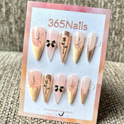 365nails: "Elegant Pink Gold Rose Bow Star Medium" – Handmade Medium Stiletto Press-On Nails