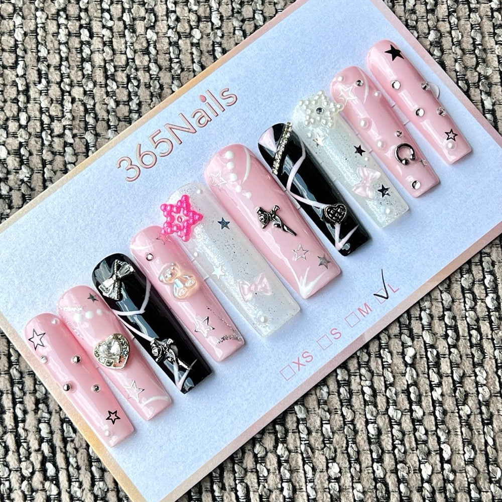 365nails: 「天際夢」 – 3D 星星與小飾品 手工製 長款棺材形穿戴甲