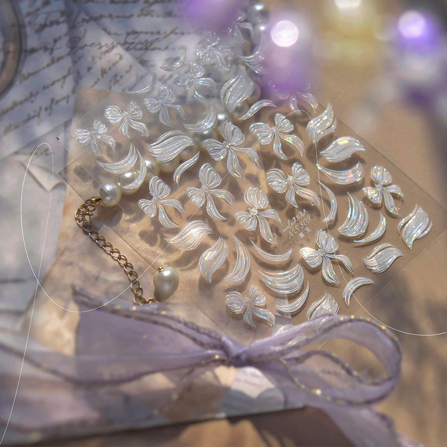 3D Embossed Nail Stickers – Iridescent Bow & Wave Collection