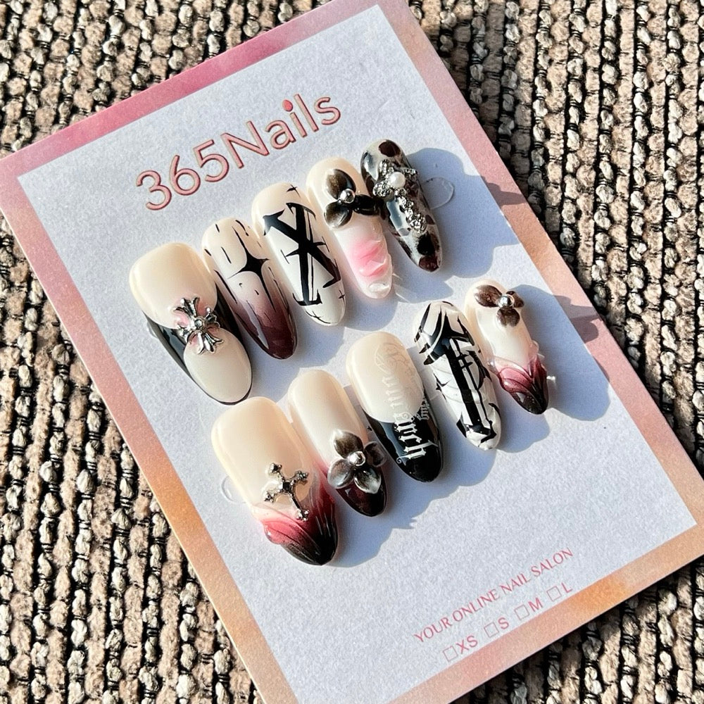 365nails: "Grunge Cross & Floral" – Handmade Medium Almond Press-On Nails