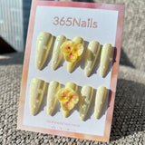 Sculpted Flora: "Morning Dew Primrose" – 3D Pearlescent Yellow Flower with Pink Veins & Water Droplets Stiletto Nails