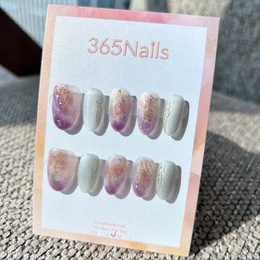 Ethereal Ink: "Galaxy Mist" – Grape Purple Gradient & White Cat Eye with Glitter & Silver Lines Oval Nails