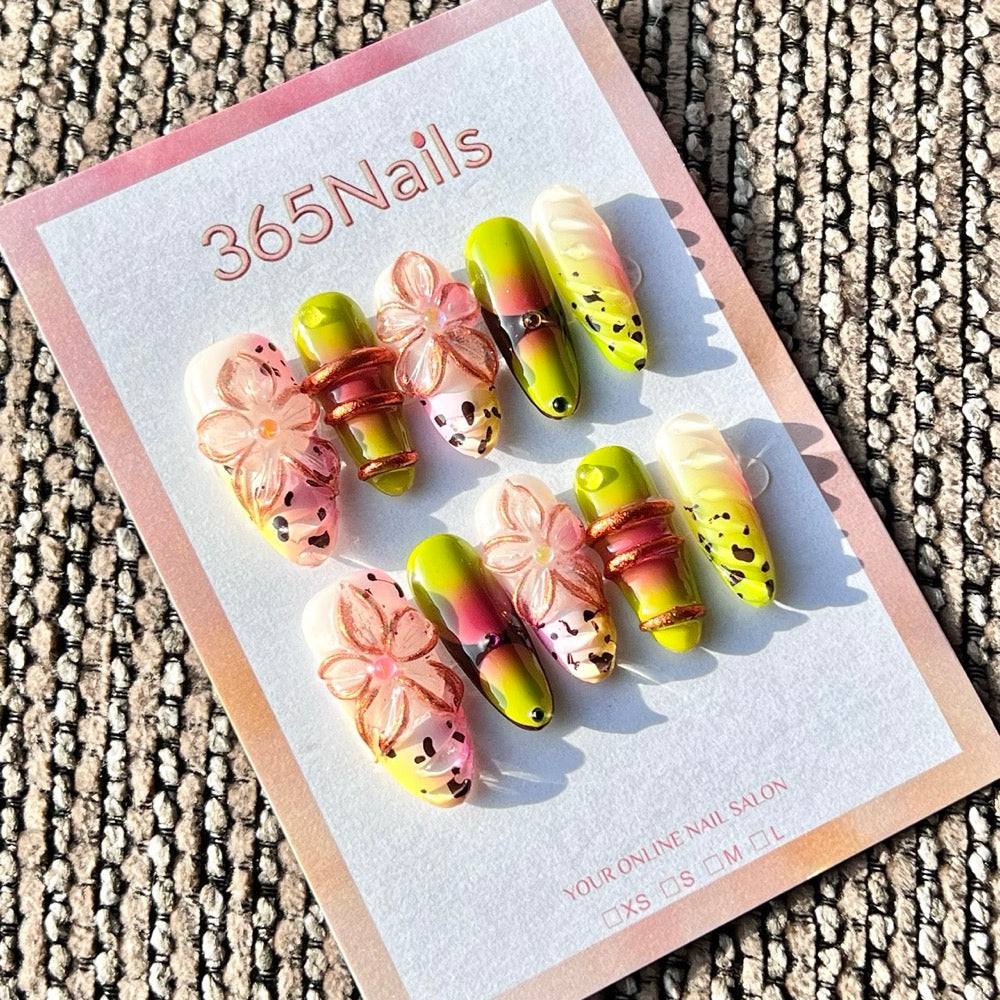 365nails: "Lime Pink Leopard Flower" – Handmade Medium Almond Press-On Nails