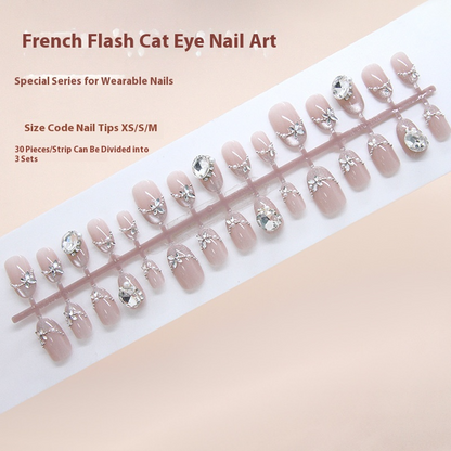 Pontas de unha pré-fabricadas, flash de unha de gato, francesa, pérola, pilha, diamante, doce, manicure removível, 30 peças｜365 unhas