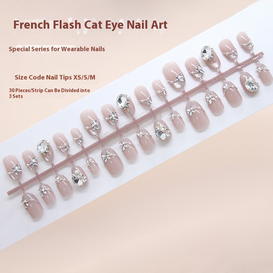Pontas de unha pré-fabricadas, flash de unha de gato, francesa, pérola, pilha, diamante, doce, manicure removível, 30 peças｜365 unhas