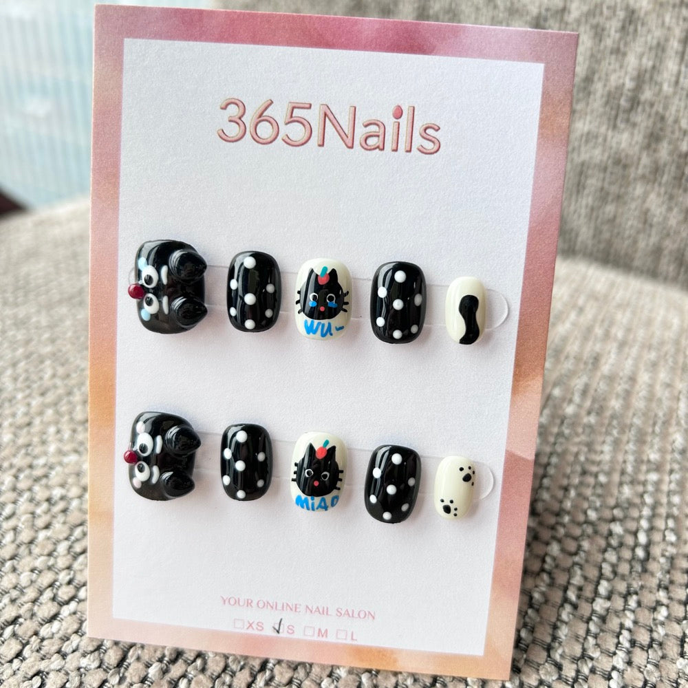 Cartoon & Dopamine: "Playful Black Cat" – 3D Sculpted Kitty, Polka Dots & Hand-Drawn Graffiti Short Nails