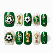Handmade Dark Green World Cup Football Trophy Rhinestone Press-On Nails (3D Embossed/Crystal/Short Square)
