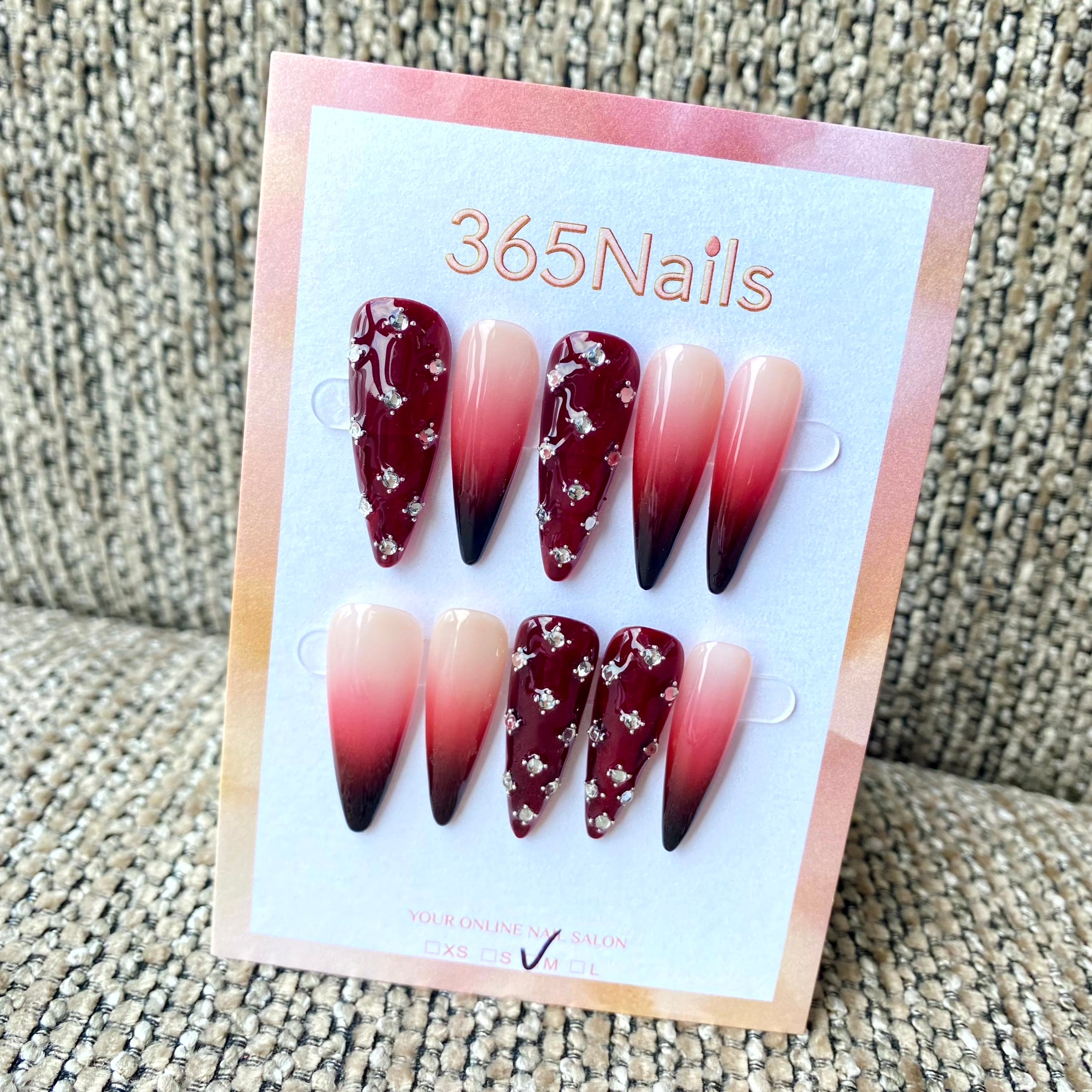 365nails: "Burgundy Crystal Ombre" – Rich Red-to-Nude Gradient with Crystal Accents Handmade Stiletto Nails