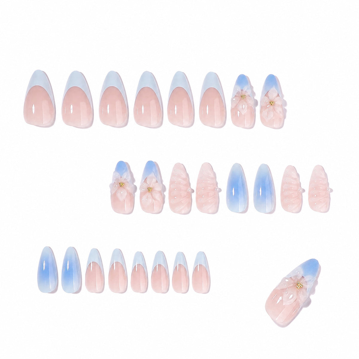 Full set layout of press-on nails with pink bases, blue tips and 3D floral decorations