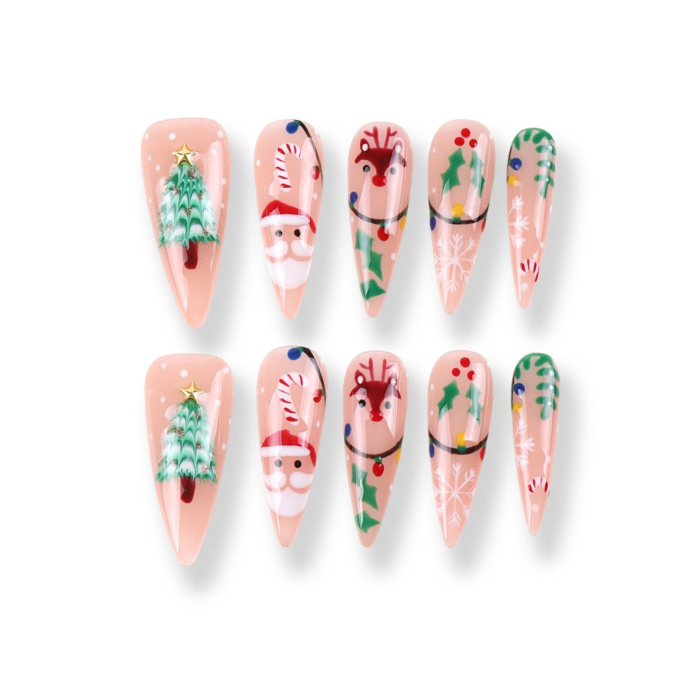 365Nails Nude Santa, Reindeer & Garland Long Almond Set