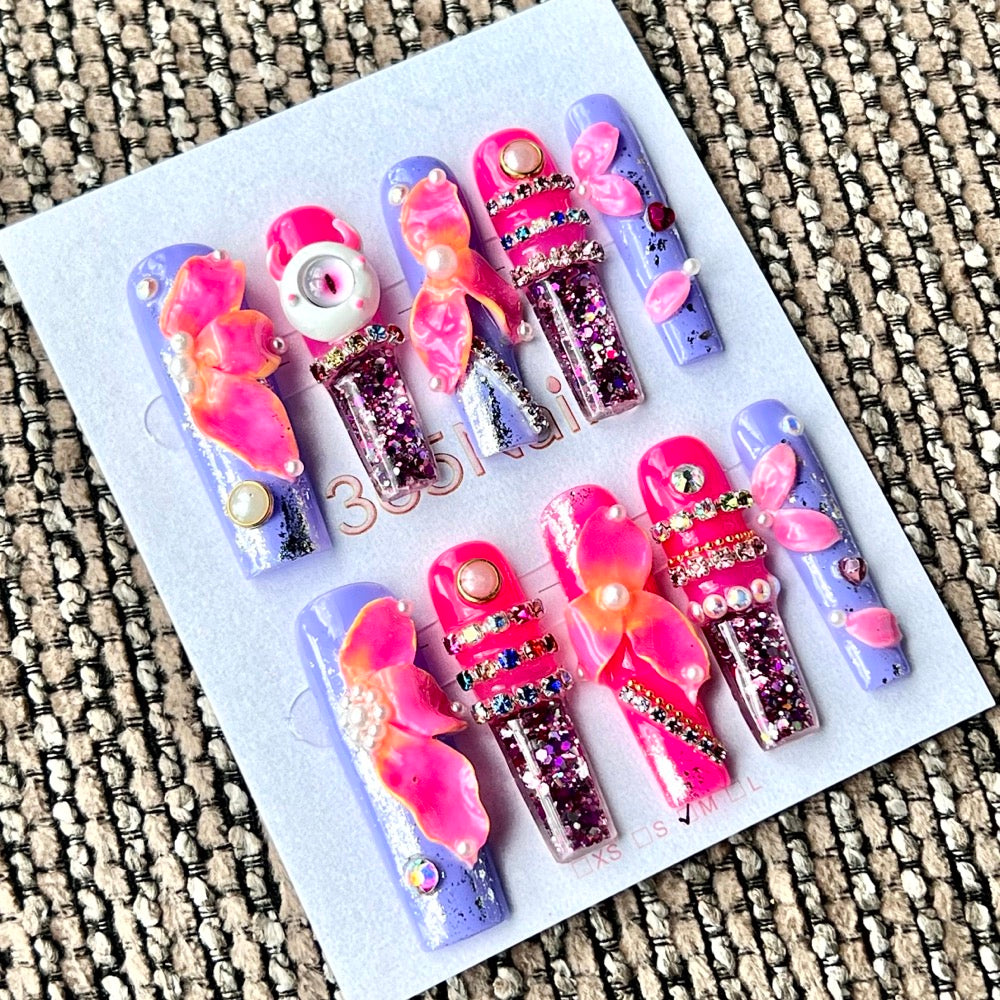 365nails: "Monster Bloom Kawaii" – Handmade Liquid Motion Press-On Medium Square Nails-4cm
