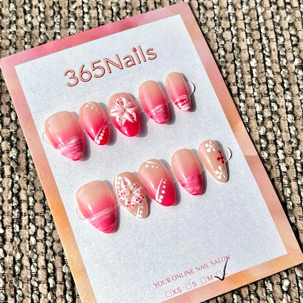 365nails: "Nude Pink Flower Wave Short" – Handmade Short Almond Press-On Nails