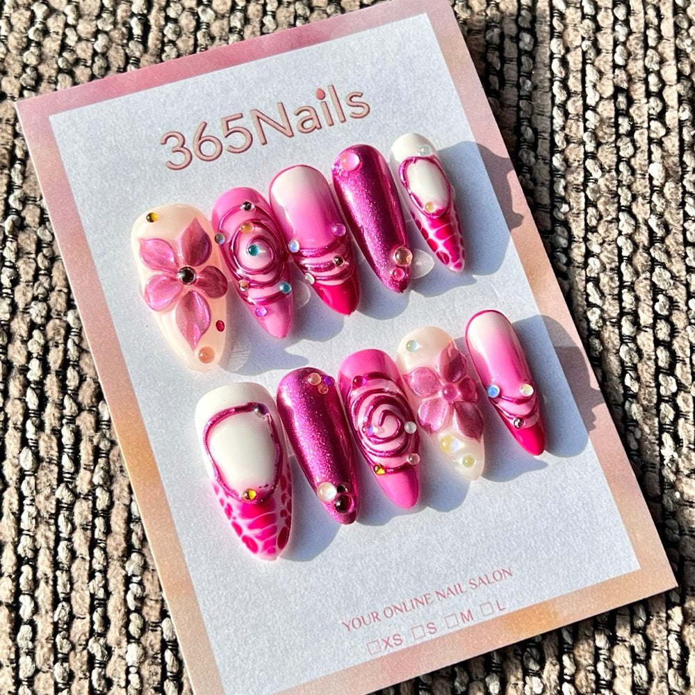 365nails: "Hot Pink Floral Swirl" – Handmade Medium Stiletto Press-On Nails