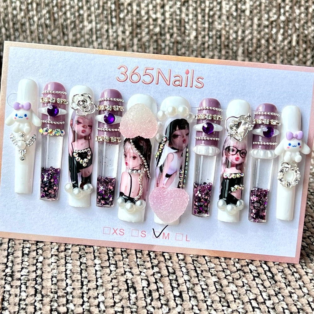 365nails: "Lavender Cinnamoroll Doll" – Handmade Kawaii Liquid Motion Press-On Long Pipe Nails-5.5cm