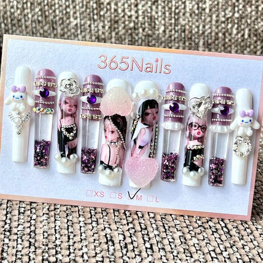 365nails: "Lavender Cinnamoroll Doll" – Handmade Kawaii Liquid Motion Press-On Long Pipe Nails-5.5cm