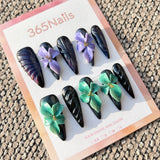 Sculpted Flora: "Gothic Garden" – Mismatched 3D Purple & Green Flowers on Black Stiletto Nails with Textured Ribs