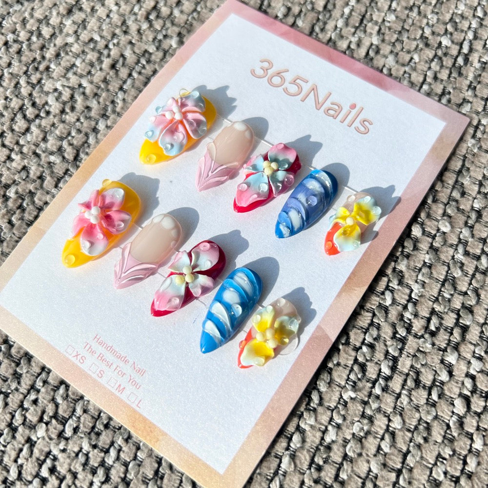 Handmade "Tropical Sherbet" 3D Floral Press-on Nails | Yellow, Red & Blue | Short Stiletto | 10pcs Set