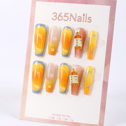 365Nails Honey Amber Long Coffin Press-On Nails with 3D Dew Drops and Mini Bottle Charms