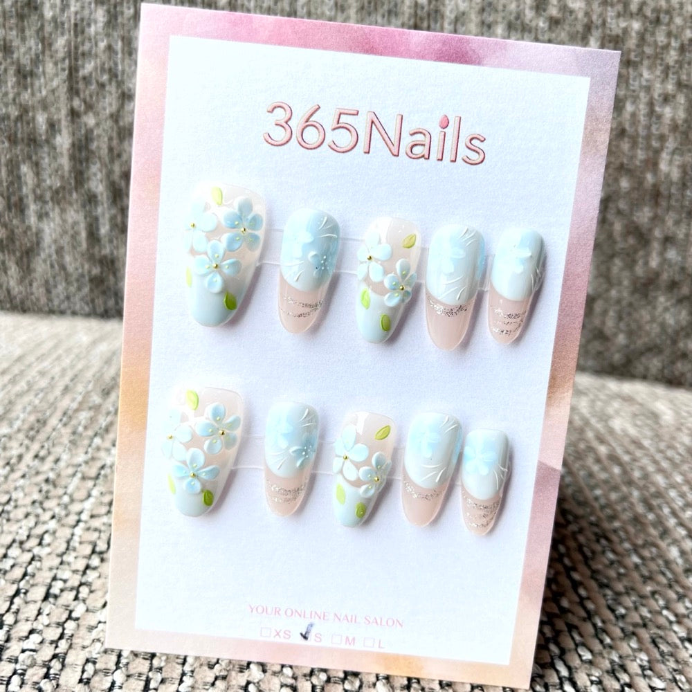 365nails: "Azure Blossom" – 3D Floral Handmade Medium Almond Nails