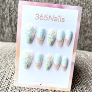 365nails: "Azure Blossom" – 3D Floral Handmade Medium Almond Nails