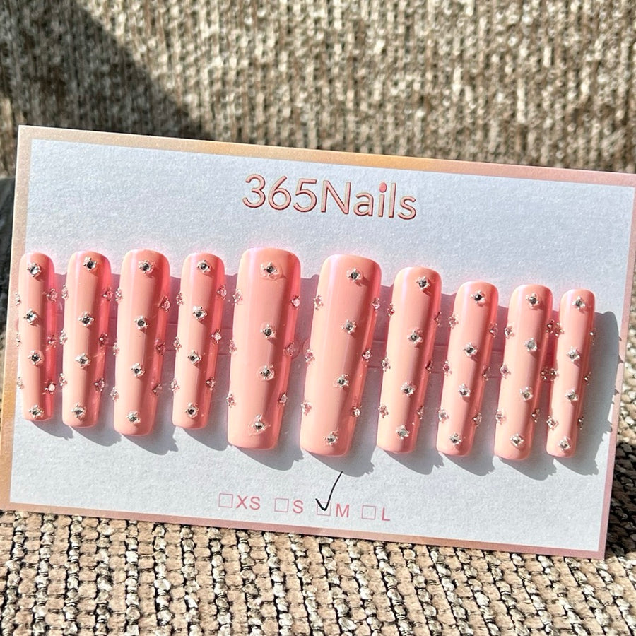 365nails 블러시 크리스탈 스프링클 — 전체 라인스톤 장식 핑크 프레스온 네일