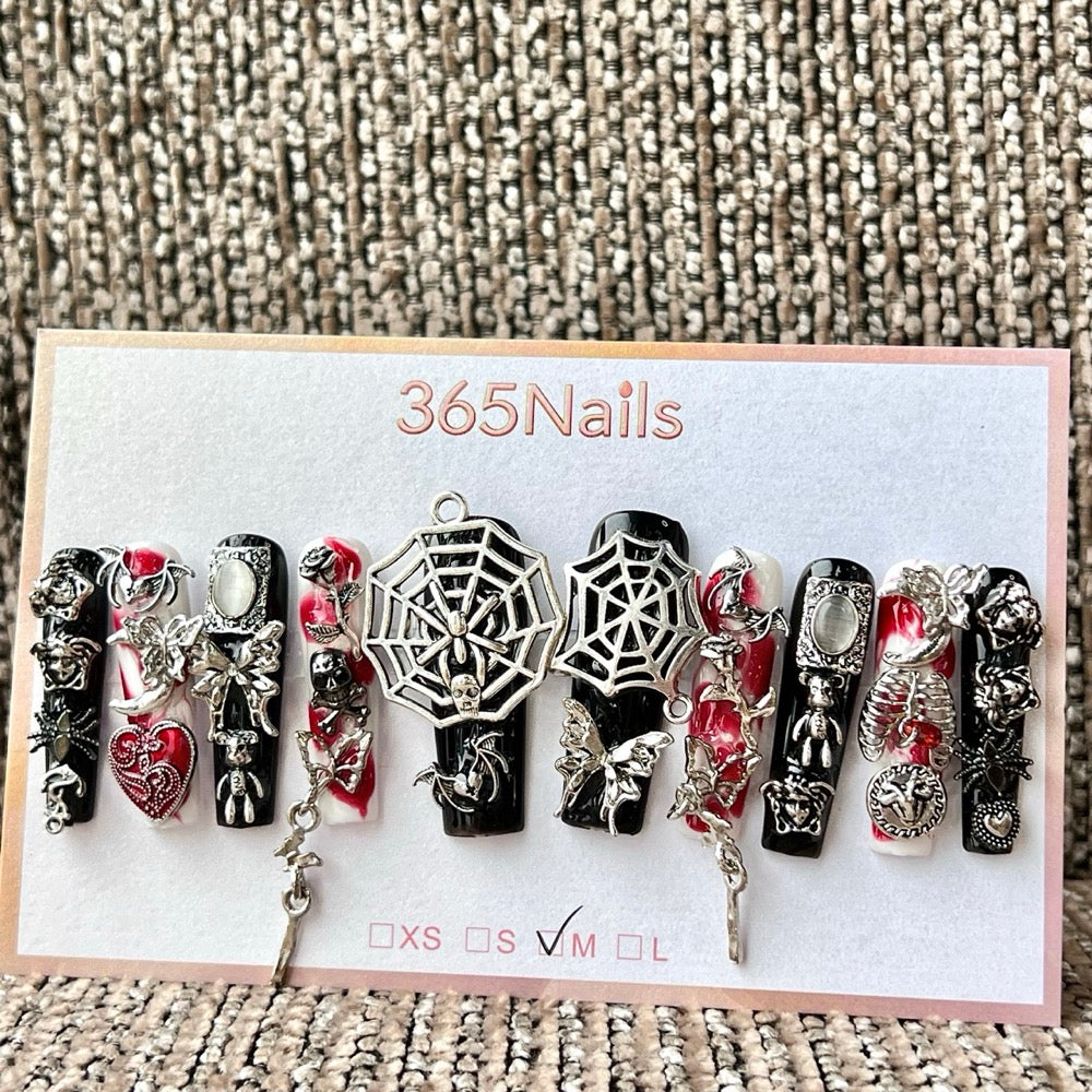 365nails: 고딕 블랙 레드 거미줄 장미 — 수제 프레스온 네일