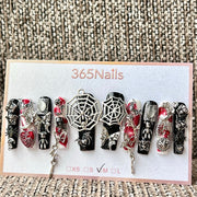 365nails: 고딕 블랙 레드 거미줄 장미 — 수제 프레스온 네일
