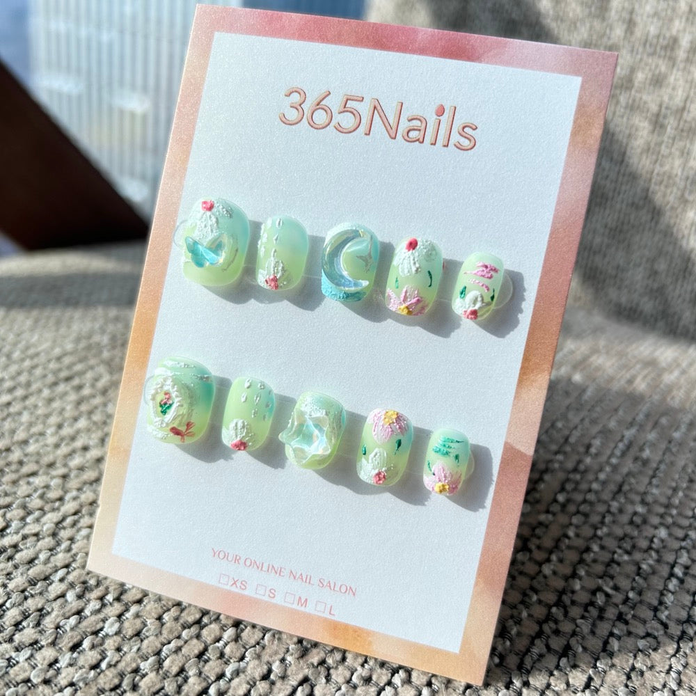 Sweet & Dopamine: "Minty Fairy Tale" – Jelly Mint Green Base, 3D Clear Butterfly, Moon & Star, Impasto Floral Press-on Nails