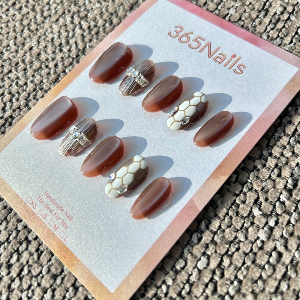 Luxury Logo The Gilded Serpent: "Mocha Python" – Warm Brown Cat Eye & Bronze Textured Handmade Press-On Nails with Honeycomb Scales