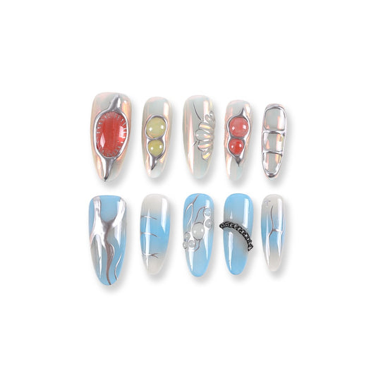 365nails icy blue jelly with metal bubble accents press-ons