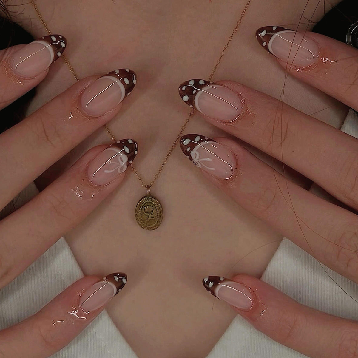 French Animal Print Glossy Brown Almond Short Press On Nails – Design 24