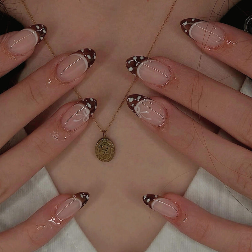 French Animal Print Glossy Brown Almond Short Press On Nails – Design 24