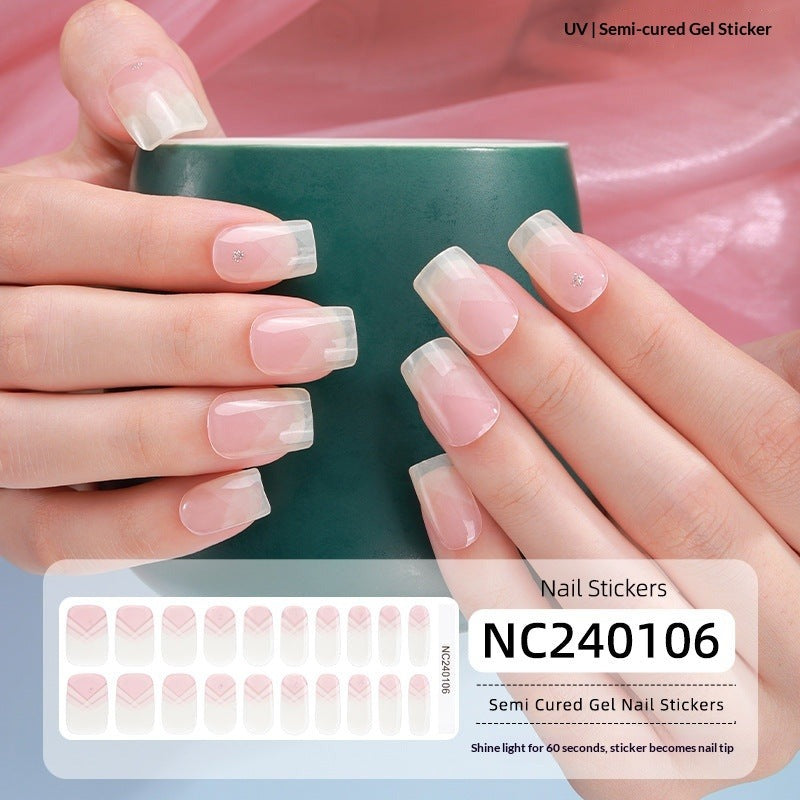 Semi-Cured Gel Nail Strips French Glitter Pink Sparkle Glossy Set (MOQ=3)