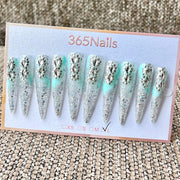 365nails: "서리빛 우아함" – 3D 크리스탈 & 글리터 수제 프레스온 네일 롱 스틸레토형